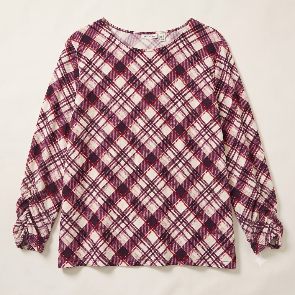 Susan Graver Womens 3X Preppy Office Mod Liquid‎ Knit Plaid Ruched Sleeve Top